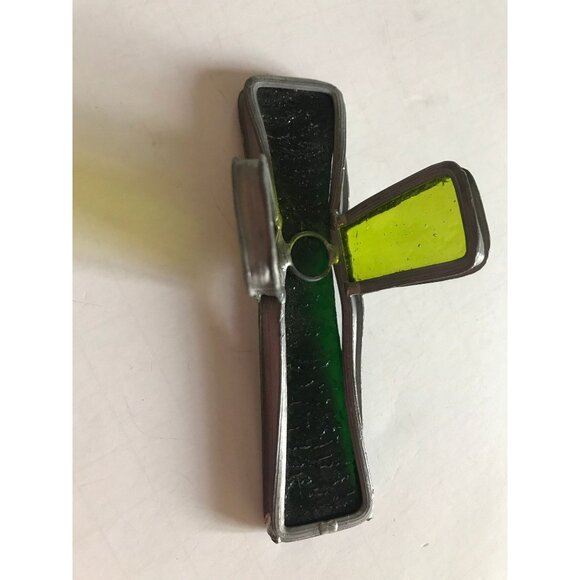 Vintage Stained Glass Crucifix Celtic Cross Handmade Dark Green & Light Green - Picture 3 of 10